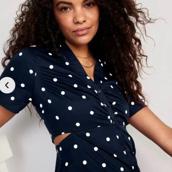 Navy and White Polka Dot Cutout Shirt Midi Dress Size Small - Picture 6 of 8